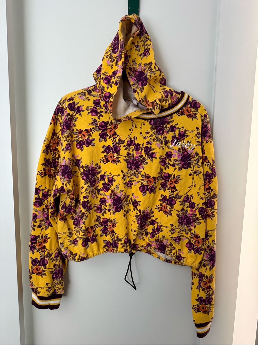 Juicy Couture Mustard Yellow Floral Cropped Hoodie with Purple Print